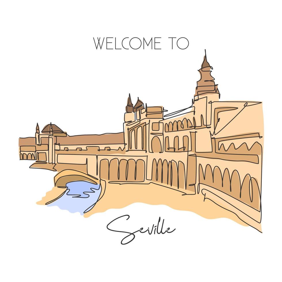 One continuous line drawing Plaza de Espana landmark. World iconic place in Sevilla Spain. Holiday vacation home wall decor art poster print concept. Modern single line draw design vector illustration