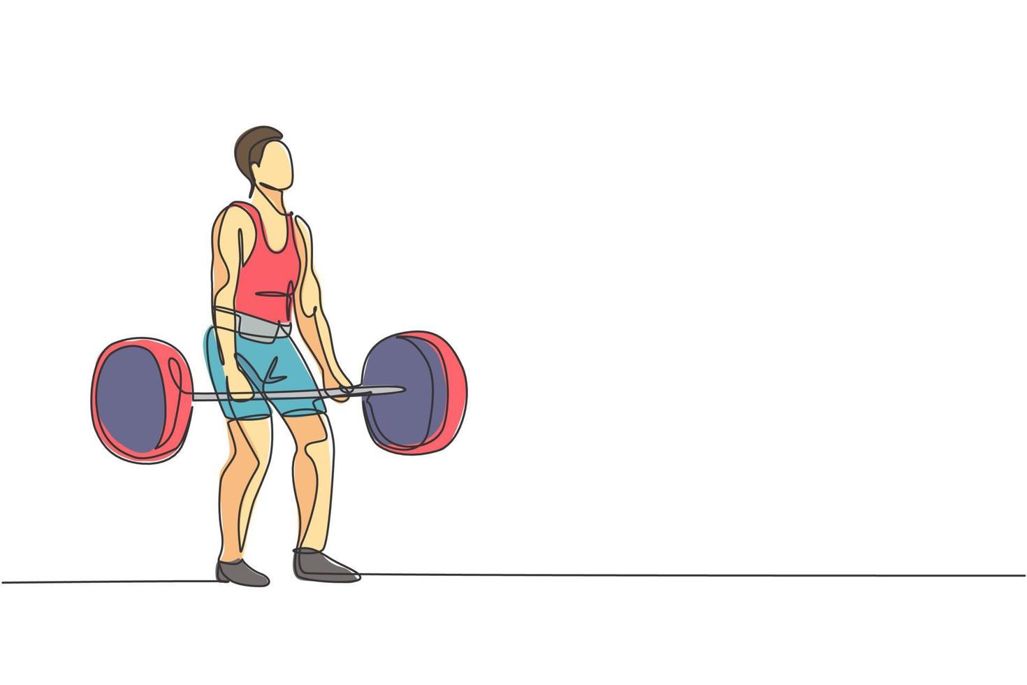 Single continuous line drawing of young strong weightlifter man preparing for barbell workout in gym. Weight lifting training concept. Trendy one line draw design graphic vector illustration