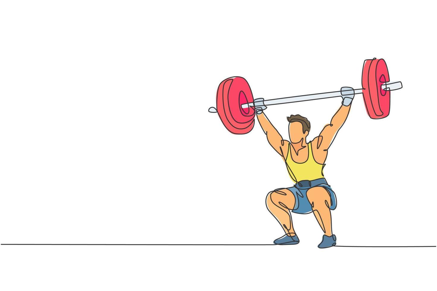 dibujo de una sola línea continua de un joven levantador de pesas fuerte que se prepara para hacer ejercicio con pesas en el gimnasio. concepto de entrenamiento de levantamiento de pesas. ilustración gráfica de vector de diseño de dibujo de una línea de moda