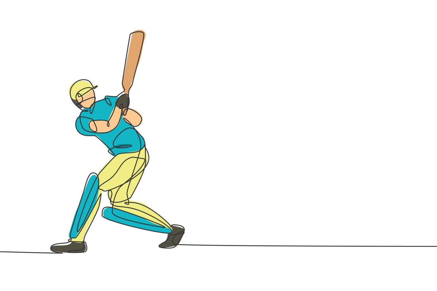 dibujo de una sola línea continua de un joven jugador de críquet ágil practicando golpear la pelota en la ilustración del vector de campo. concepto de ejercicio deportivo. diseño moderno de dibujo de una línea para medios de promoción de cricket