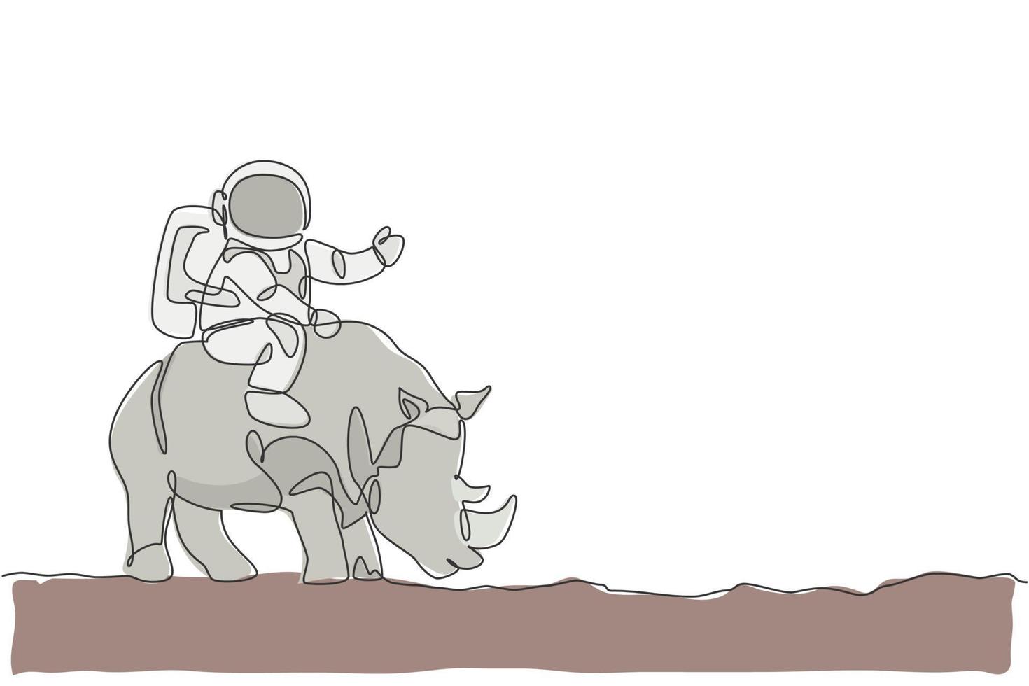 One single line drawing of astronaut riding rhinoceros, wild animal in moon surface vector illustration. Cosmonaut safari journey concept. Modern continuous line draw graphic design