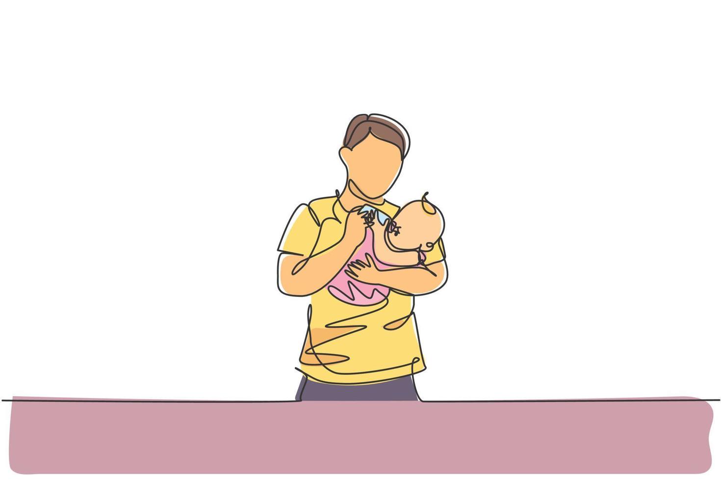 Un solo dibujo de línea del joven padre cargando y alimentando a su bebé con alimentos nutritivos en la ilustración de vector gráfico de casa. concepto de aprendizaje de crianza feliz. diseño moderno de dibujo de línea continua