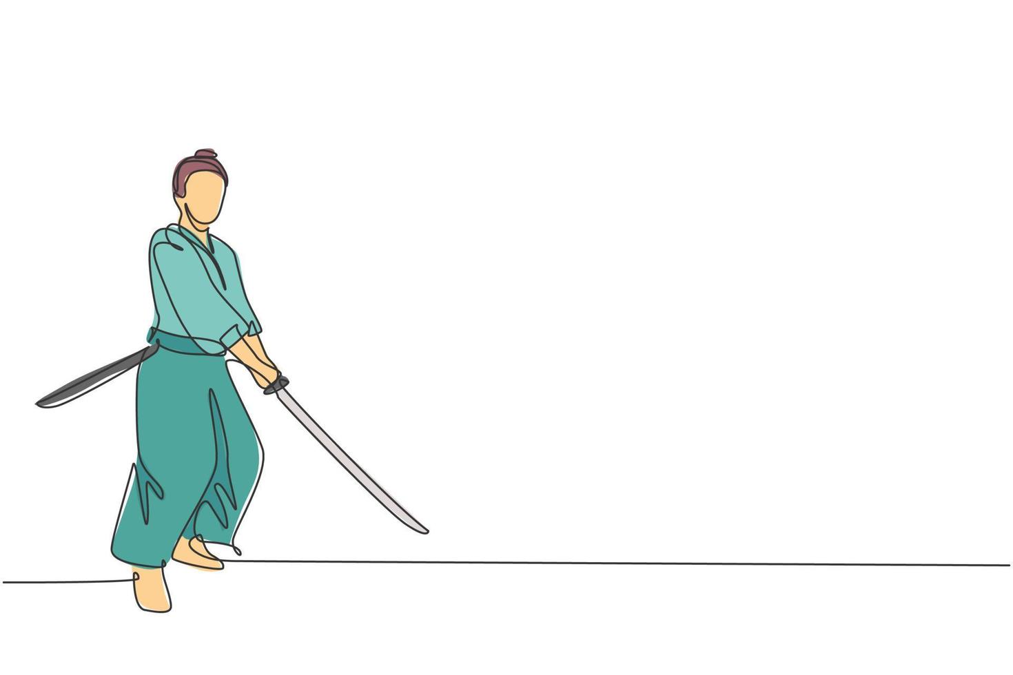 Single continuous line drawing of young strong samurai warrior wearing traditional uniform holding sword at festival. Ancient fighter soldier concept. Trendy one line draw design vector illustration