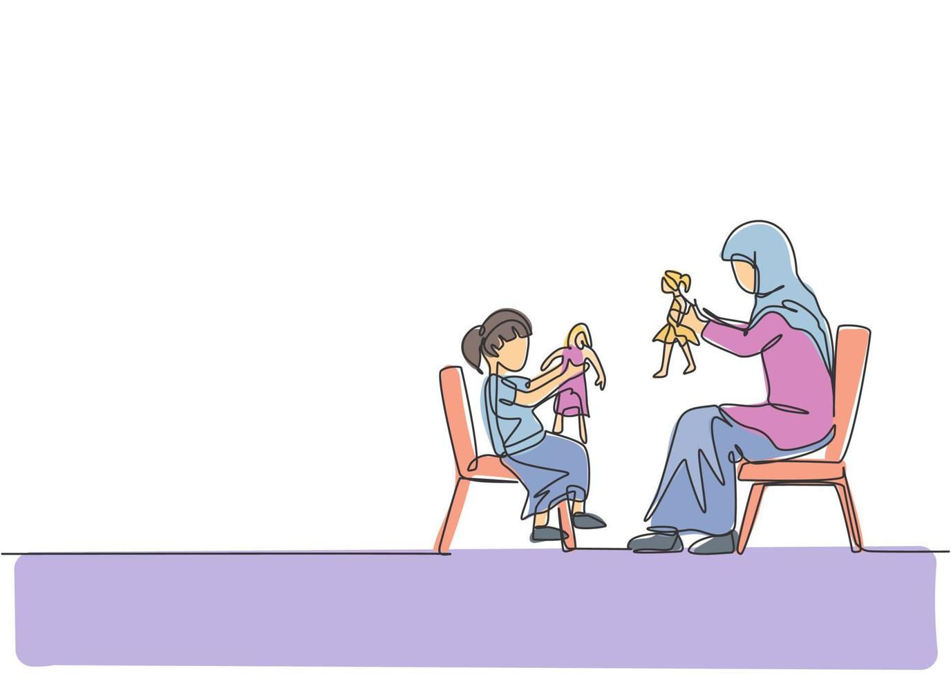 Single continuous line drawing of young Arabian mom and daughter playing princess doll together at home. Islamic muslim happy family motherhood concept. Trendy one line draw design vector illustration