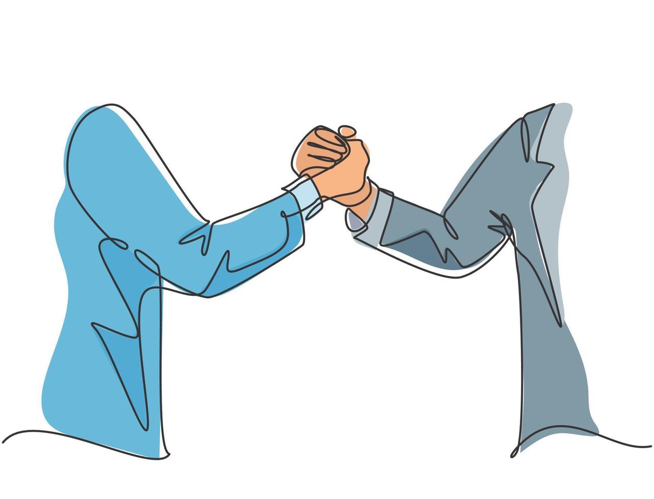 Continuous line drawing of business man handshake his partner to deal a big project. Business meeting at office concept. Single line drawing design, vector graphic illustration