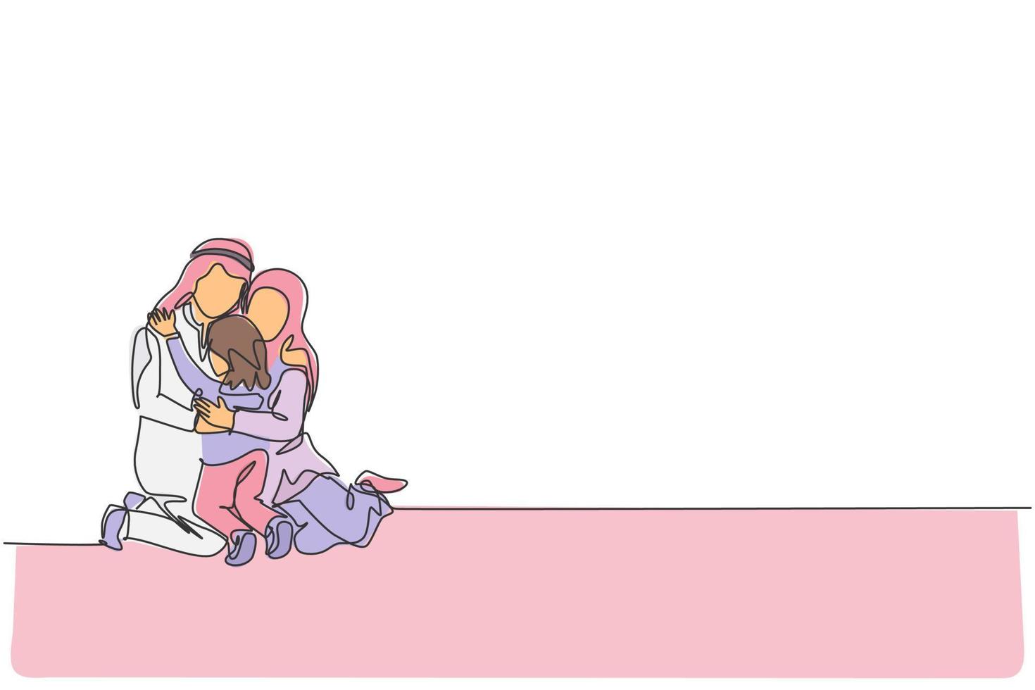 One single line drawing of young happy Arabian mother and father hugging their daughter girl on the floor vector illustration. Muslim happy family parenting concept. Modern continuous line draw design