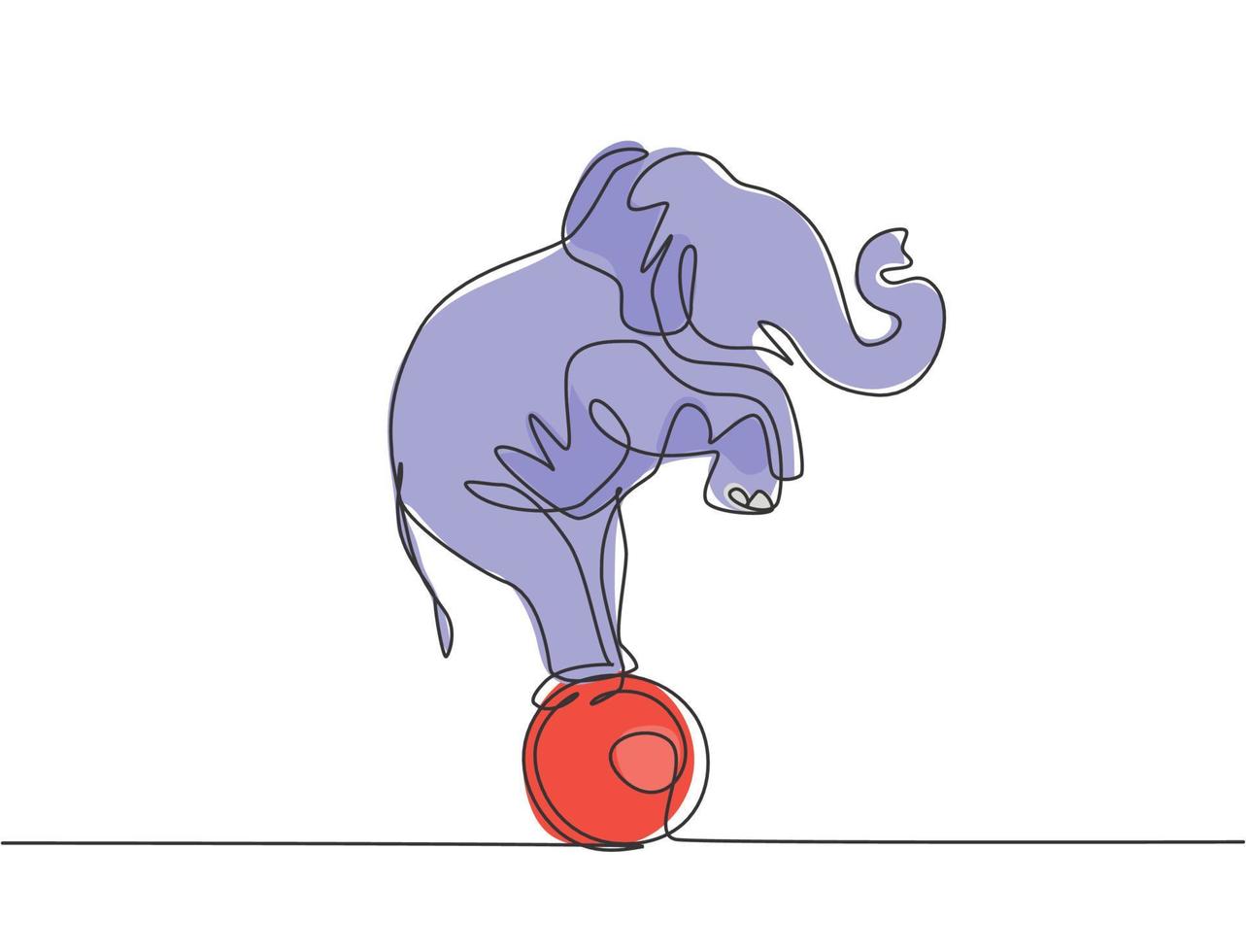 Continuous one line drawing a trained elephant stands on the ball with its forelegs raised. Very good performance and successful circus show. Single line draw design vector graphic illustration.