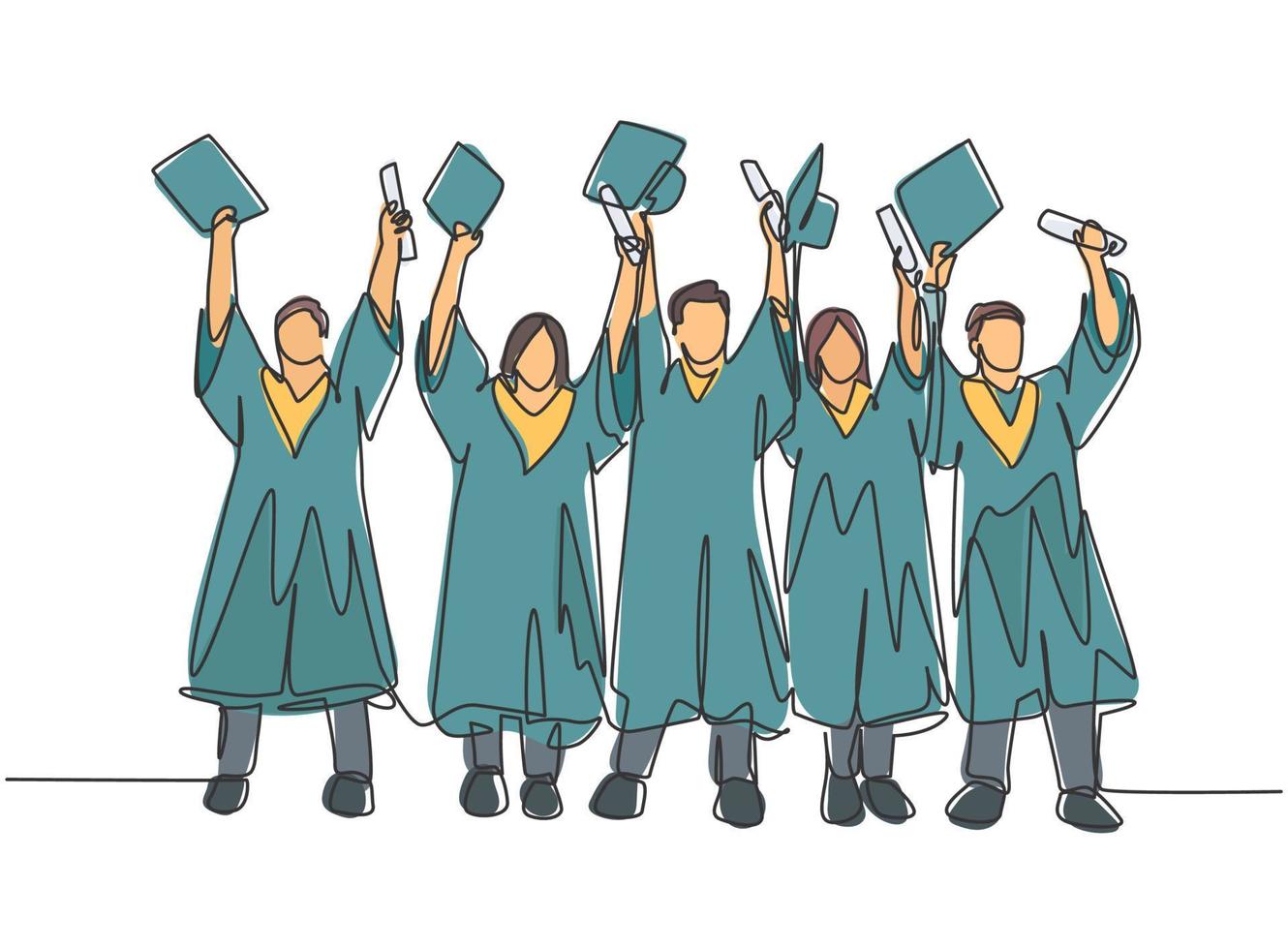 un dibujo de una sola línea de un grupo de estudiantes universitarios masculinos y femeninos que levantan su gorra en el aire para celebrar su graduación de la escuela. Ilustración de vector de diseño de dibujo de línea continua de concepto de educación