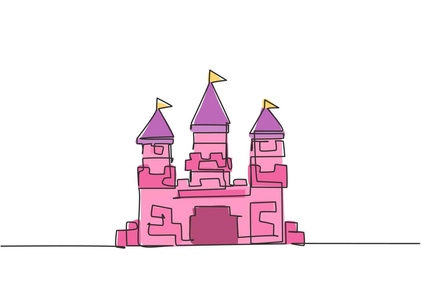 Single continuous line drawing a castle in an amusement park with three towers and a flag on each roof. Fort building that tells of life in a kingdom. One line draw graphic design vector illustration