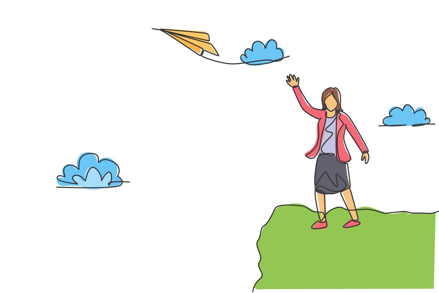 Single continuous line drawing of young business woman fly paper plane up to the sky. Professional entrepreneur. Minimalism metaphor concept. Dynamic one line draw graphic design vector illustration
