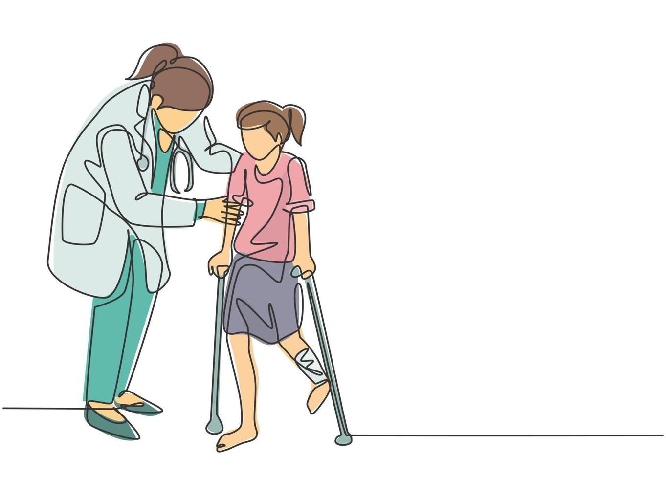 One continuous line drawing of female pediatric doctor doing therapy by helping young girl patient to get walk using crutch. Medical health care concept single line draw design vector illustration