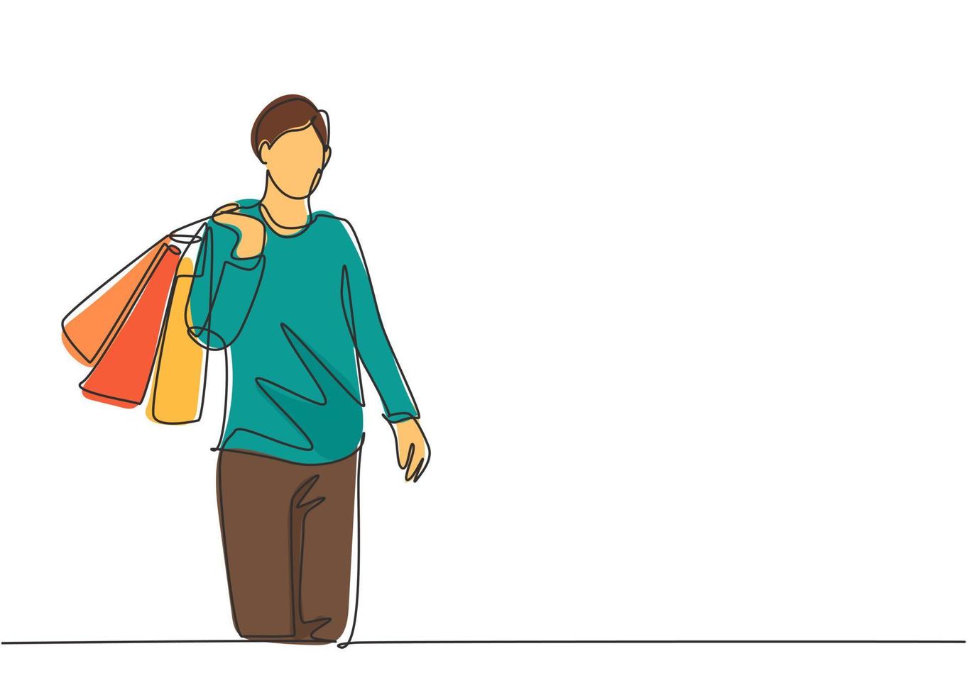 One single line drawing young happy attractive man holding paper bags after buying fashion and personal needs in mall. Commercial retail shopping concept. Continuous line draw design illustration vector
