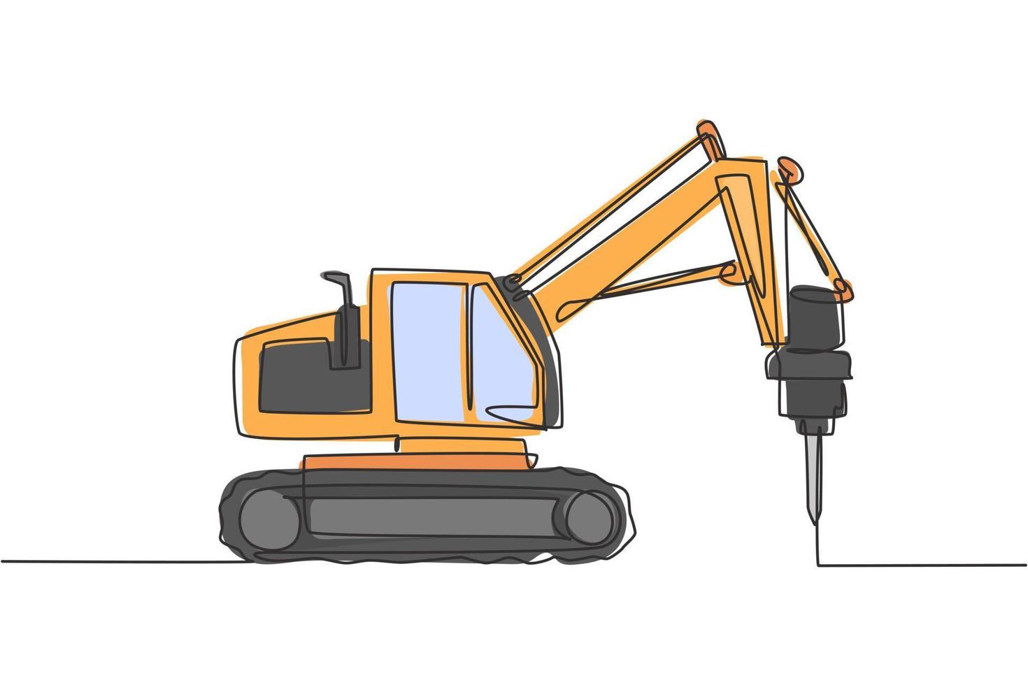 un dibujo de una sola línea del perforador de camión para la ilustración de vector de perforación de tierra de suelo, vehículo comercial. concepto de construcción de máquinas excavadoras pesadas. diseño gráfico de dibujo de línea continua moderna