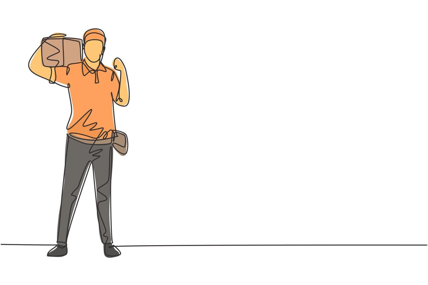 Single one line drawing deliveryman stands with celebrate gesture carrying package box that customer order to be delivered safely. Success job. Continuous line draw design graphic vector illustration