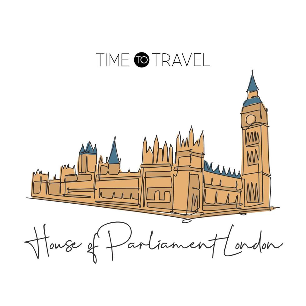Single continuous line drawing house parliament London landmark. Famous place in England, United Kingdom. World travel home wall decor poster concept. Simple one line draw design vector illustration