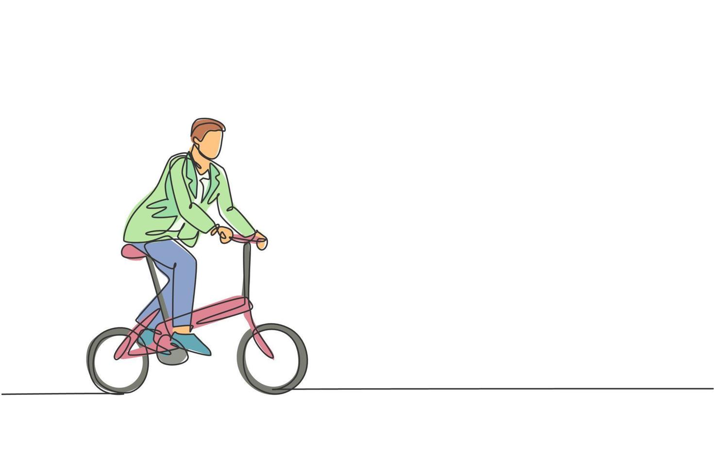 One continuous line drawing of young professional manager man cycling ride folded bicycle to his office. Healthy working urban lifestyle concept. Dynamic single line draw design vector illustration