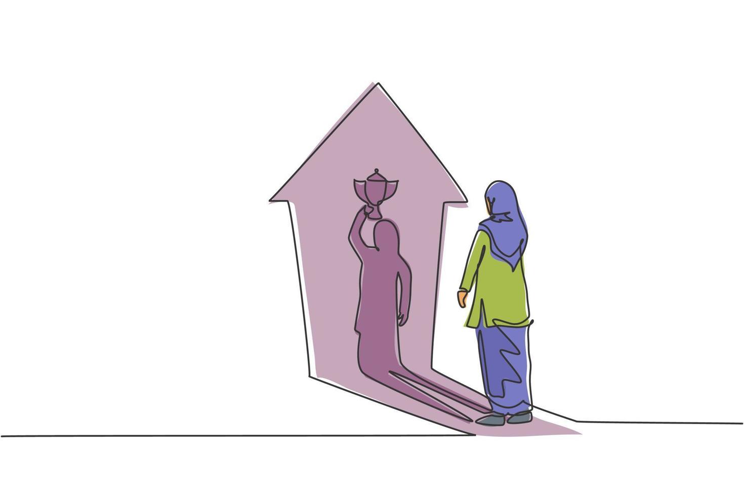 Single one line drawing of young smart Arab business woman facing her lifting trophy shadow on the wall. Business growth minimal concept. Modern continuous line draw design graphic vector illustration