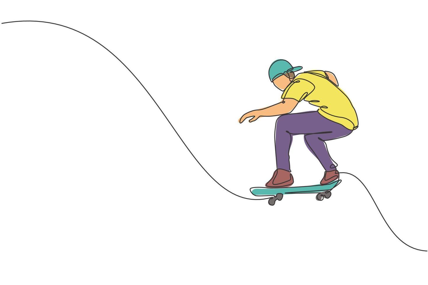 One continuous line drawing of young cool skateboarder man riding skateboard and doing a jump trick in skatepark. Extreme teenager sport concept. Dynamic single line draw design vector illustration