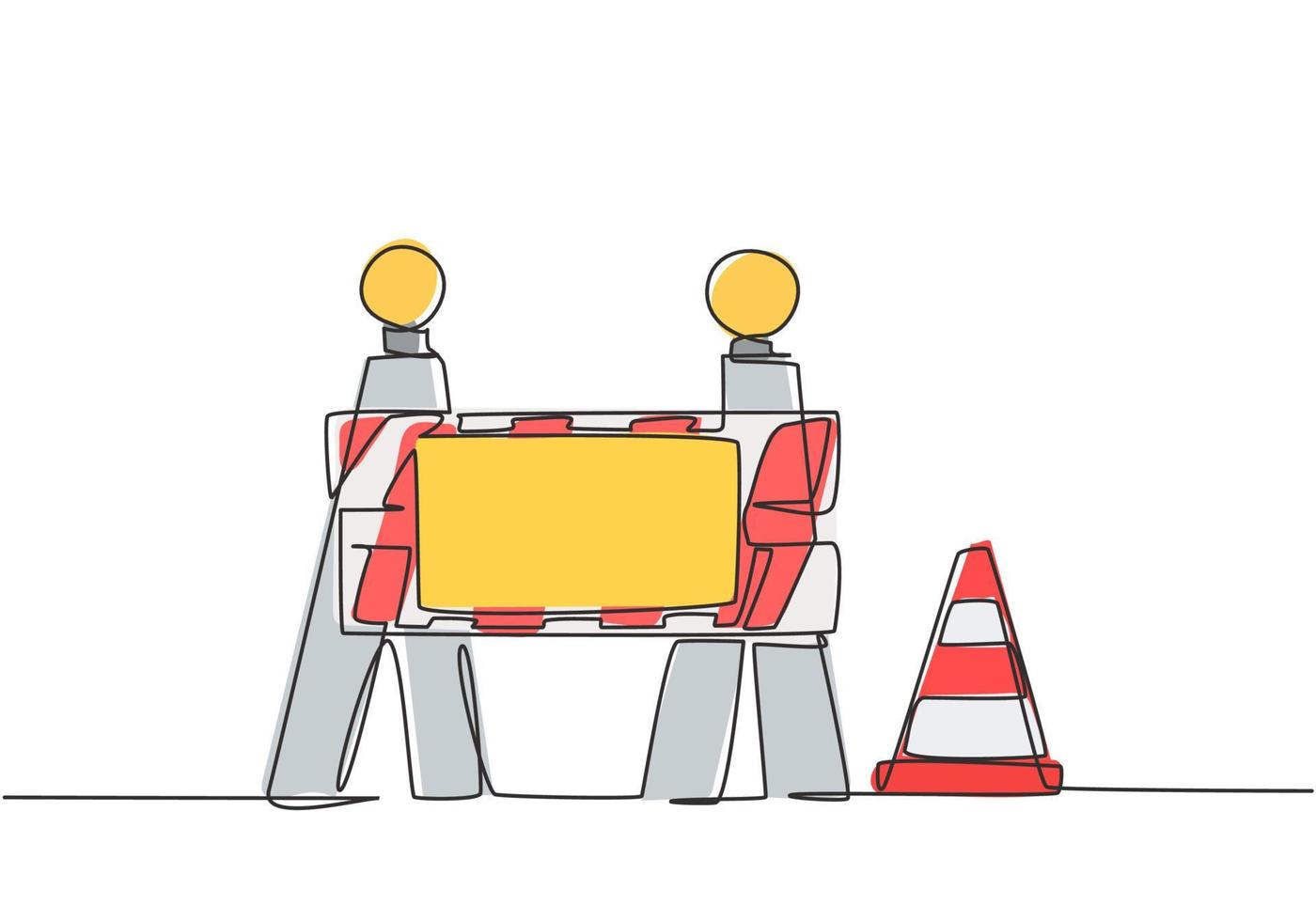 Single continuous line drawing warnings on under construction boards and traffic cones located on the side of the road that is undergoing repairs. One line draw graphic design vector illustration.