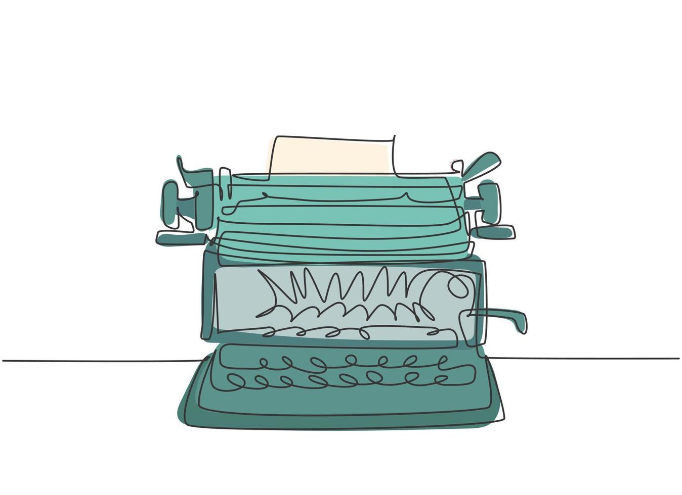 un dibujo de línea continua del frente de la máquina de escribir antigua retro desde la vista. Concepto de elemento de oficina clásico diseño de dibujo de una sola línea ilustración gráfica de vector