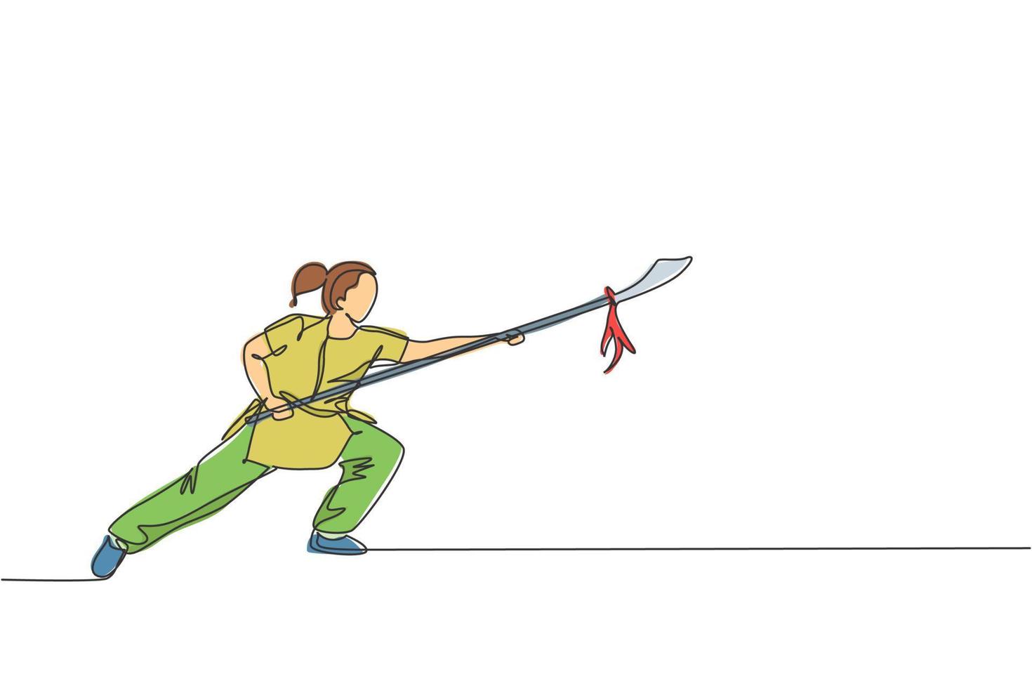 One continuous line drawing young wushu master woman, kung fu warrior in kimono with spear on training. Martial art sport contest concept. Dynamic single line draw design graphic vector illustration