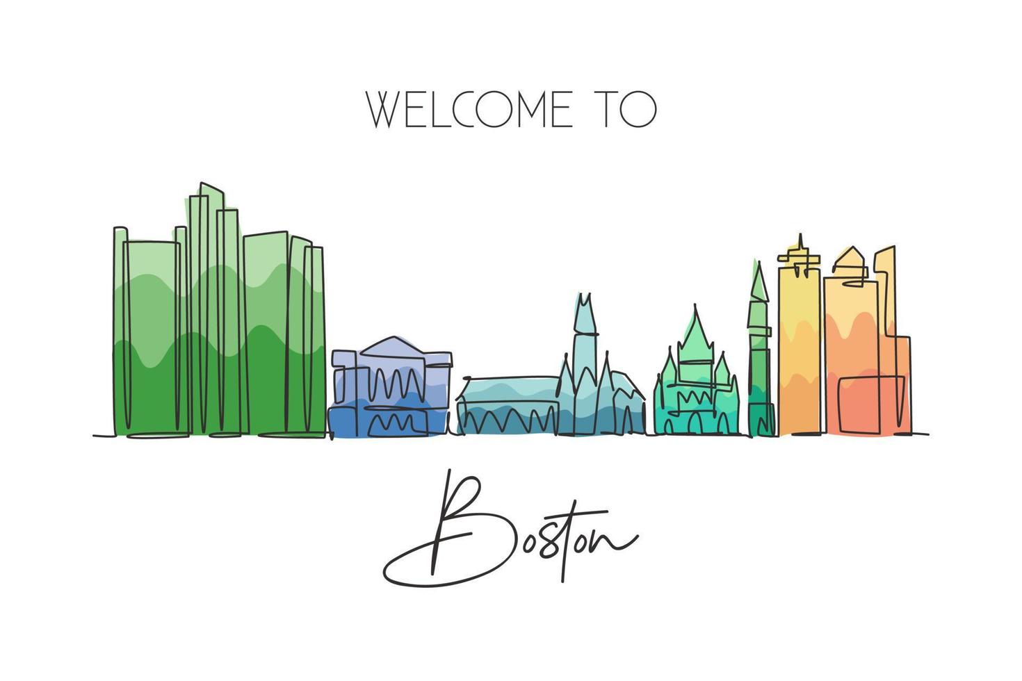 una sola línea dibujando el horizonte de la ciudad de boston, estados unidos. paisaje histórico de la ciudad en el mundo. el mejor arte de decoración de pared de destino de vacaciones. ilustración de vector de diseño de dibujo de línea continua de moda editable