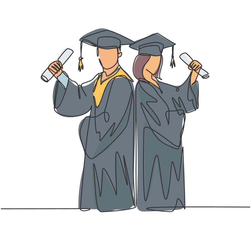 One continuous line drawing of young happy couple graduate college student hold paper and celebrate their graduation from university. Education concept. Single line draw design vector illustration