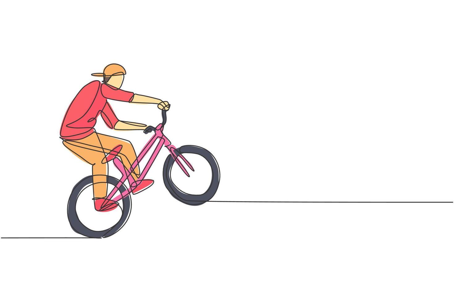 el dibujo de una sola línea continua de un joven ciclista de bmx muestra un truco extremadamente arriesgado en el parque de patinaje. concepto de estilo libre bmx. ilustración de vector de diseño de dibujo de una línea de moda para medios de promoción de estilo libre