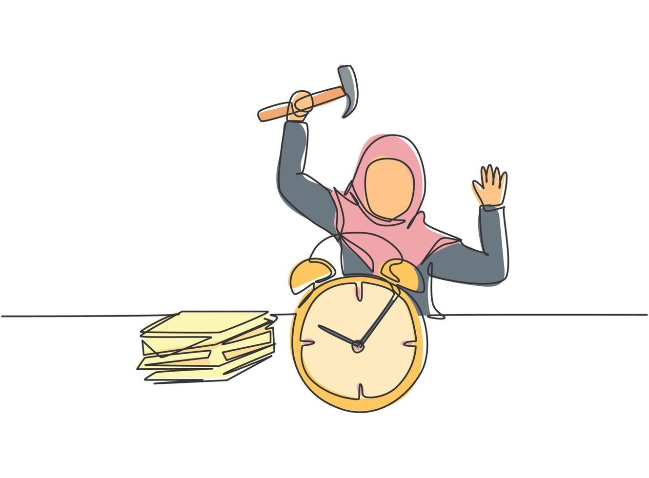 Continuous one line drawing stressful young Arab female worker hit the alarm clock with hammer. Minimalism metaphor business deadline concept. Single line draw design vector graphic illustration.