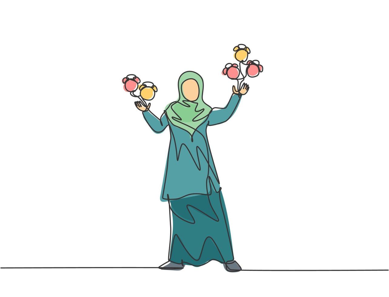 dibujo de una sola línea de mujer de negocios árabe joven que hace malabarismos con el reloj analógico de alarma con sus manos. concepto de metáfora de disciplina de tiempo de negocios. Ilustración de vector gráfico de diseño de dibujo de línea continua.
