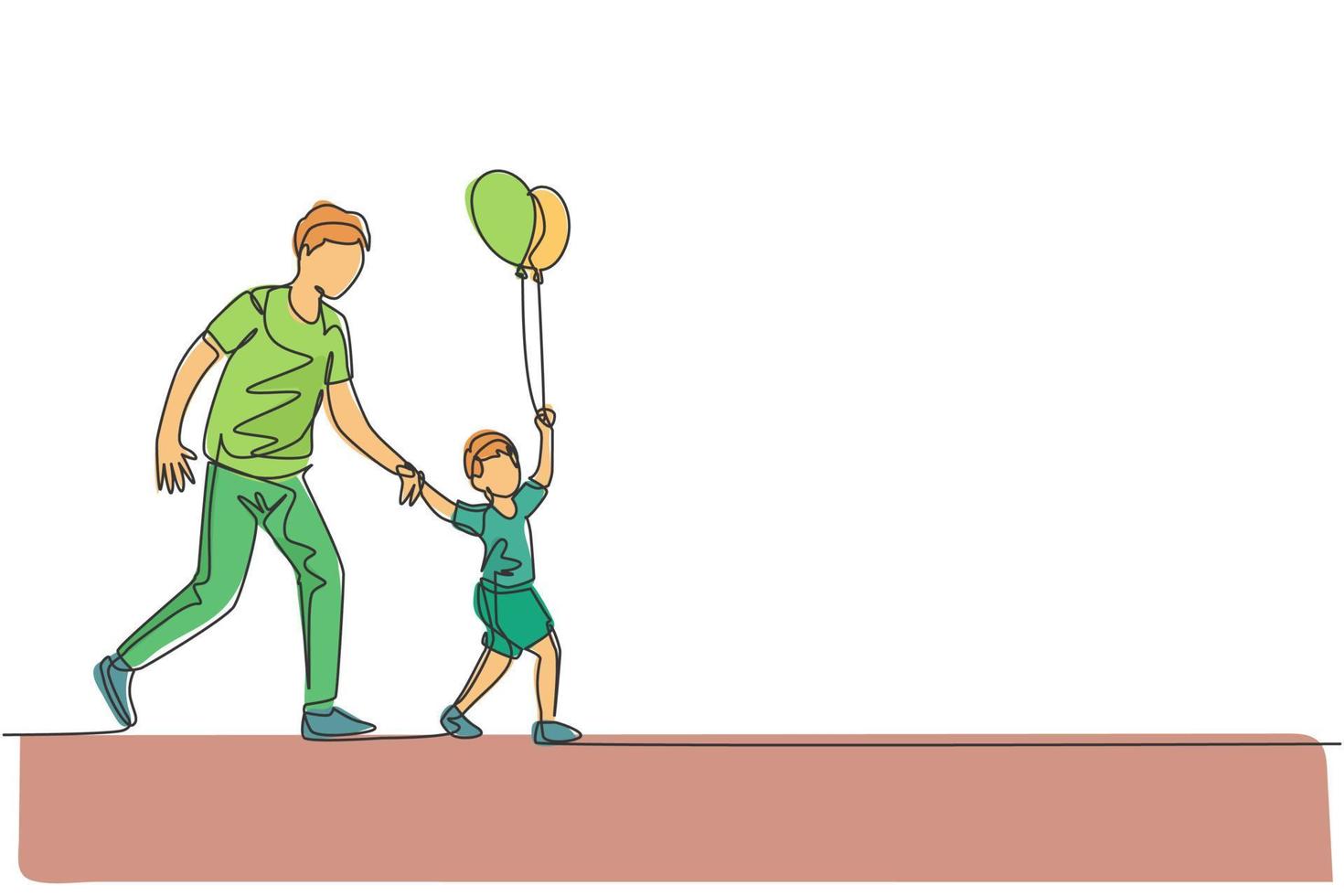 One continuous line drawing of young father and his son go to night carnival festival while the kid holding balloon. Happy family parenting concept. Dynamic single line draw design vector illustration