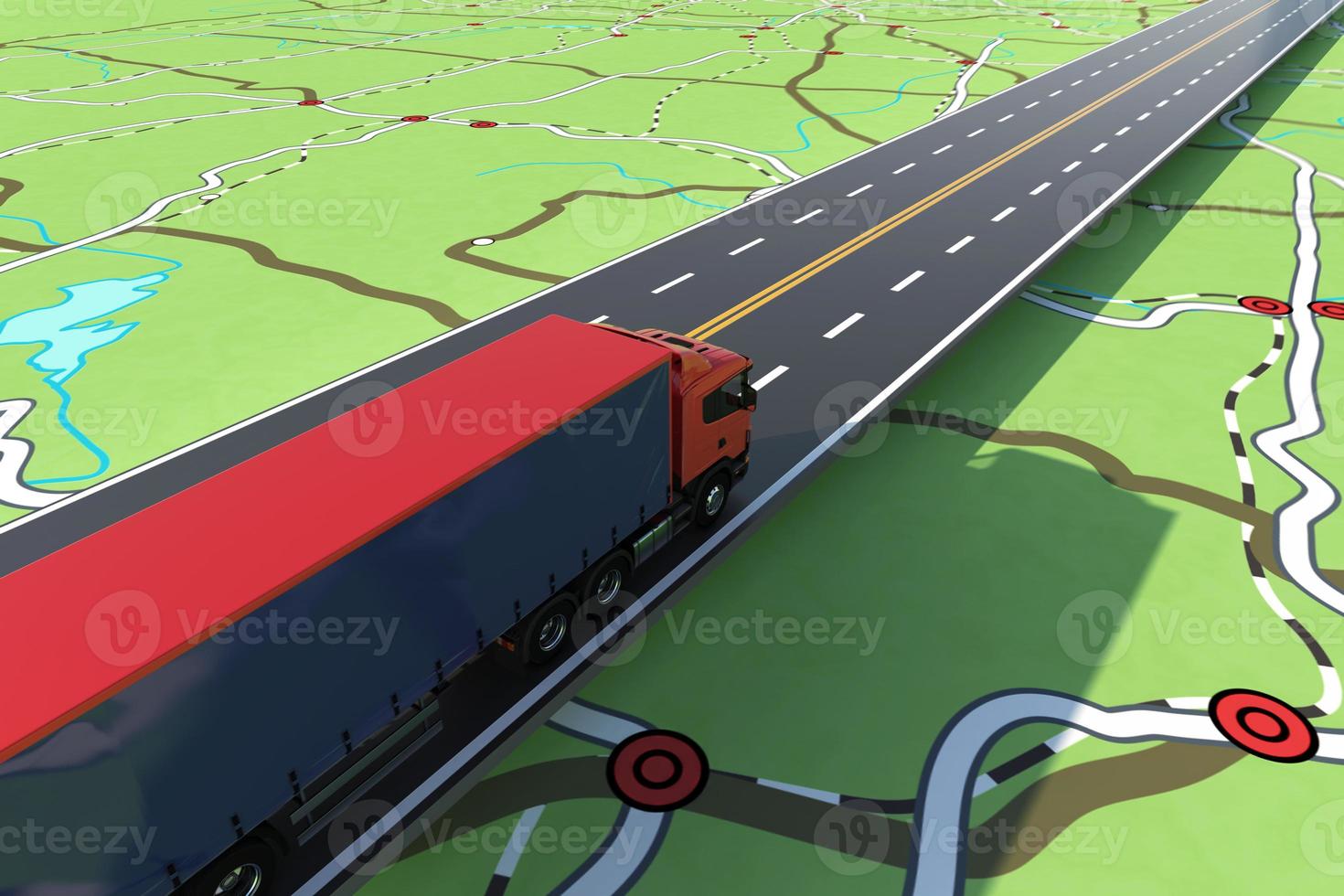 Fast truck in a highway. GPS tracking of shipment. 3D Rendering. photo