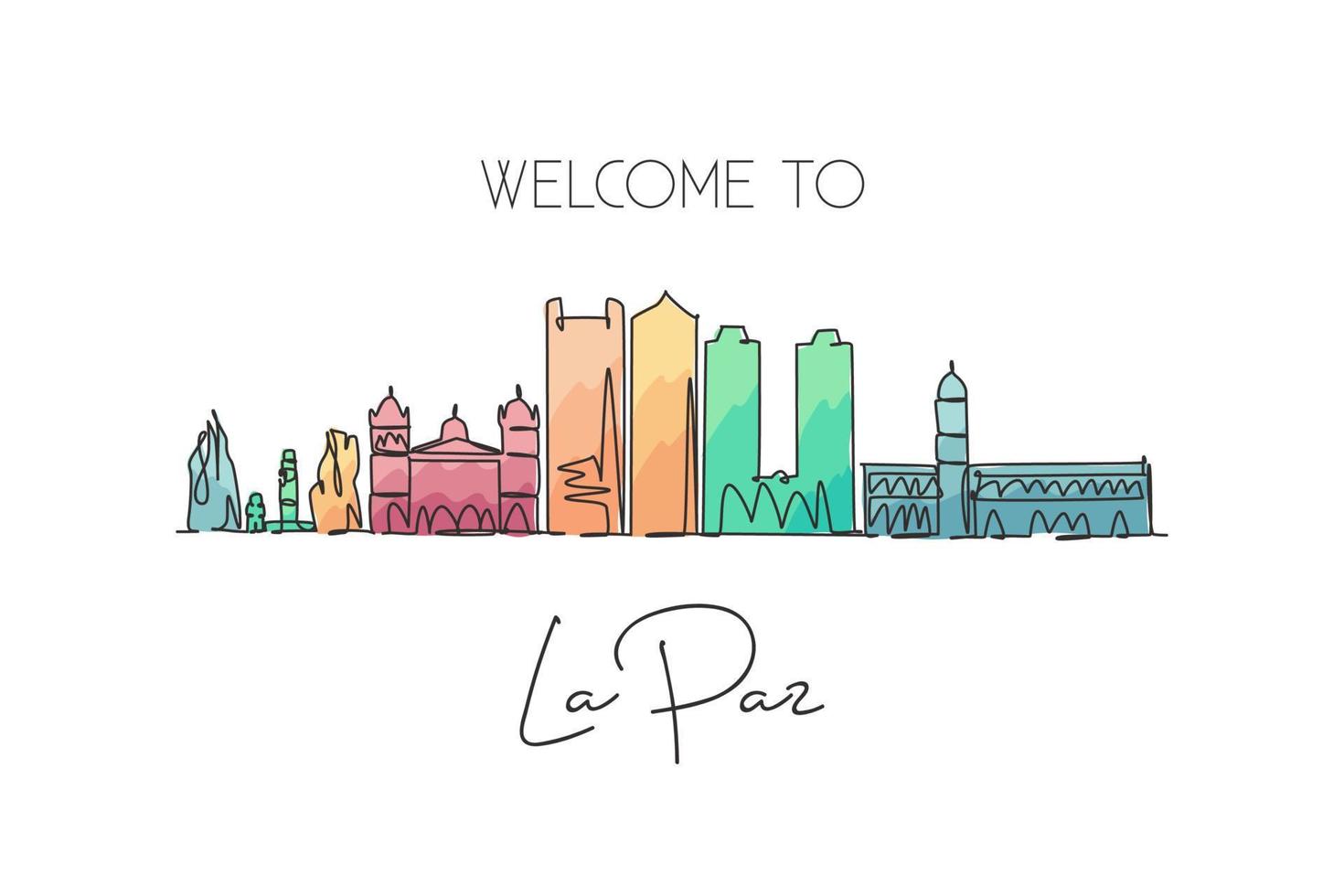 Single continuous line drawing of La Paz city skyline, Bolivia. Famous city scraper and landscape. World travel destination concept. Editable stroke modern one line draw design vector art illustration