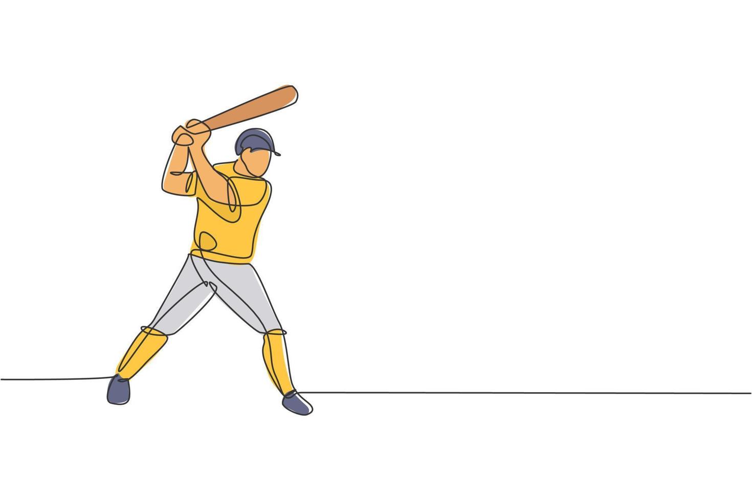 One continuous line drawing of young sporty man baseball player practice to hit the ball at field. Competitive sport concept. Dynamic single line draw design vector illustration for promotion poster