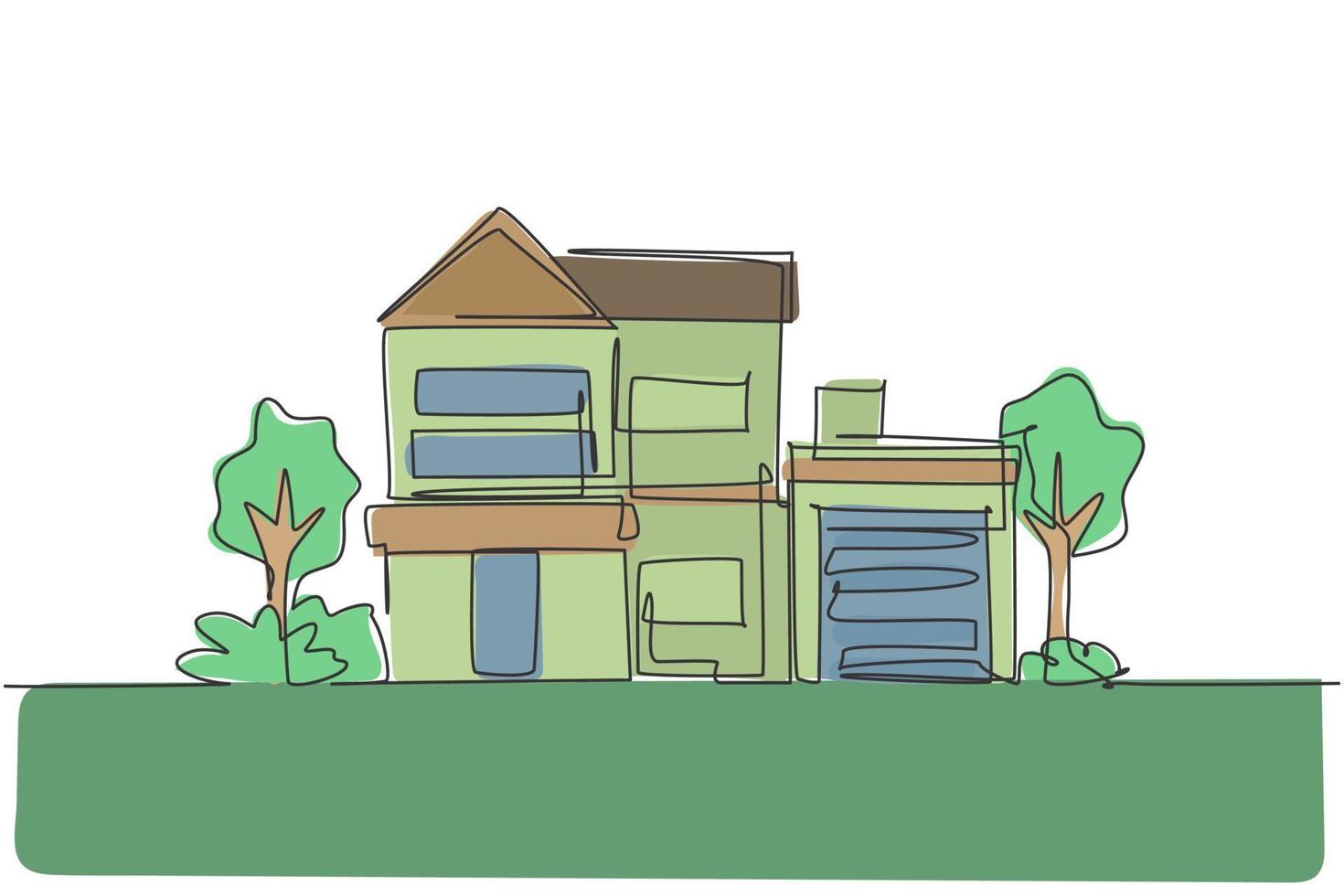 Single one line drawing green minimalist modest house in town. Home architecture building construction isolated doodle minimal concept. Trendy continuous line draw design graphic vector illustration