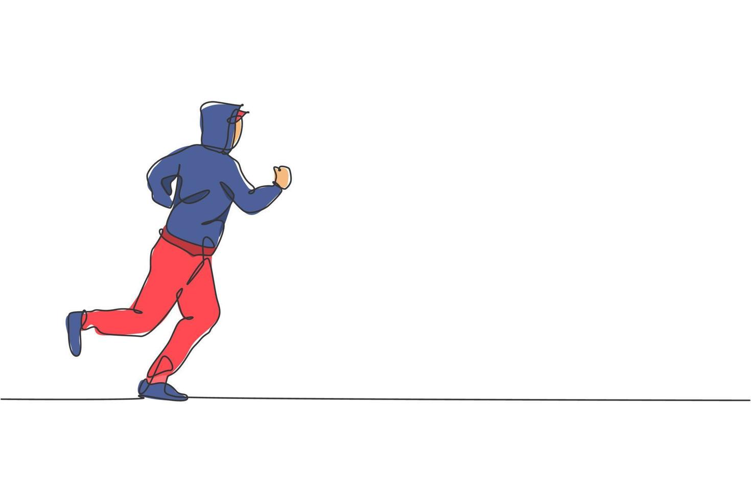 Single continuous line drawing of young agile man runner run relax in city street. Healthy lifestyle concept. Trendy one line draw design vector illustration graphic for running race promotion