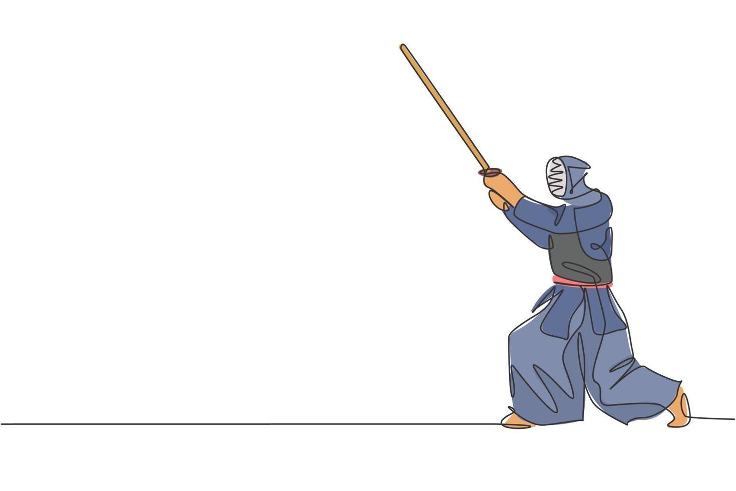 una línea continua dibujando un tren de un joven deportista que bloquea el ataque enemigo a la habilidad de kendo en el centro del dojo. concepto de deporte de arte marcial saludable. Ilustración de vector de diseño gráfico de dibujo de línea única dinámica