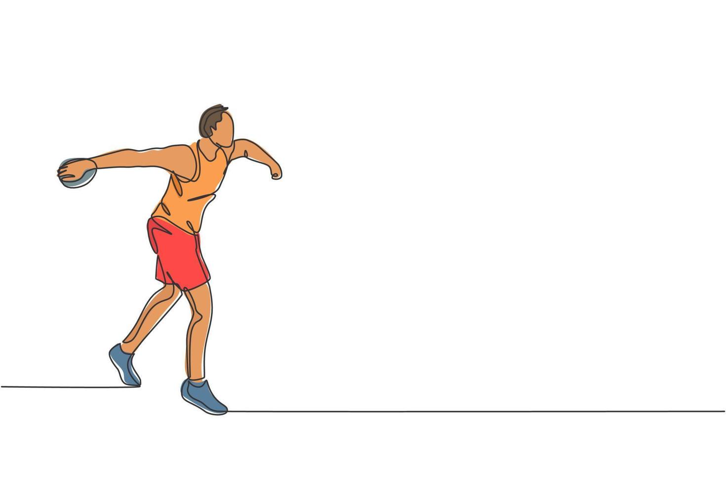 Single continuous line drawing of young sportive man practice to throw discus on the court stadium. Athletic games sport concept. Trendy one line draw design graphic vector illustration