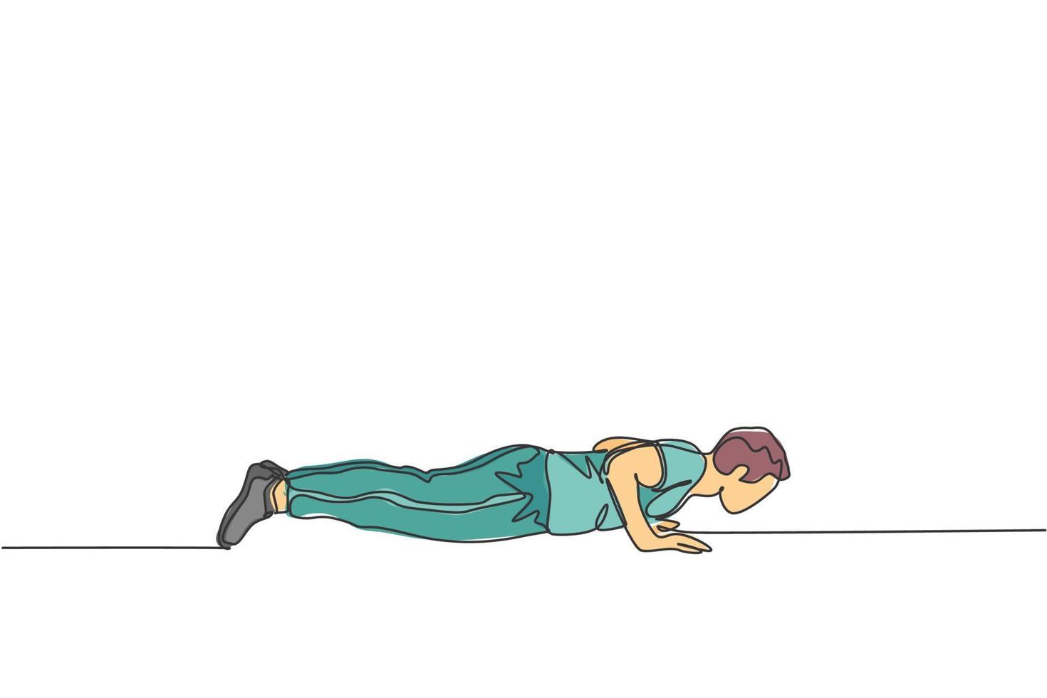 One single line drawing young man working out. Man push up in gym to strengthen body vector illustration. Fitness sport bodybuilding and healthy lifestyle concept. Modern continuous line draw design