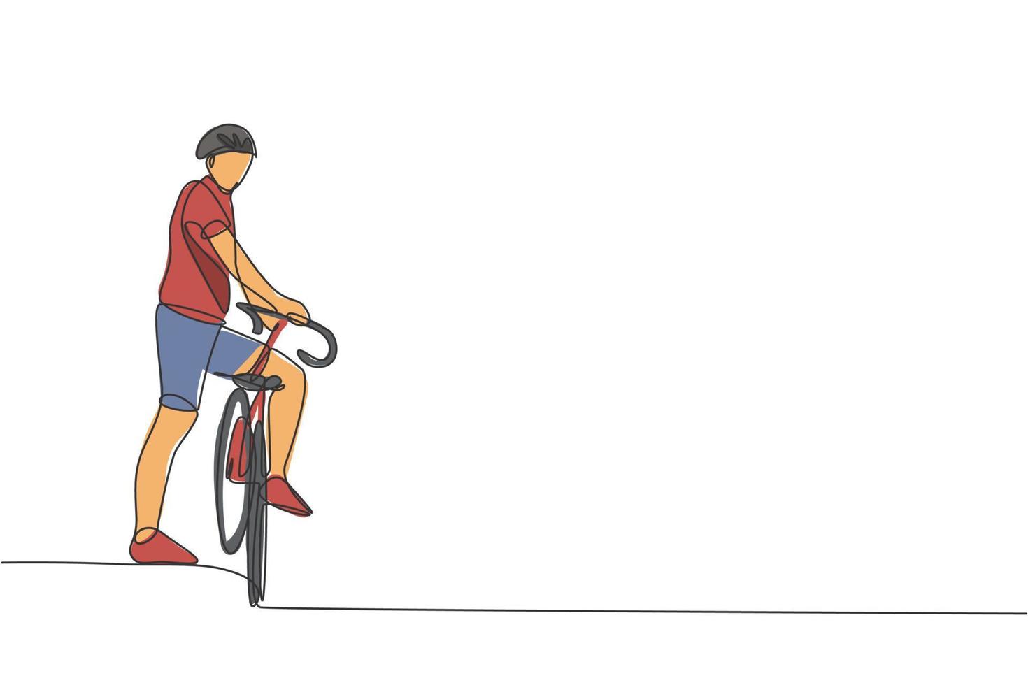 Single continuous line drawing of young agile man cyclist waiting for a friend at road side. Sport lifestyle concept. Trendy one line draw design vector illustration for cycling race promotion media