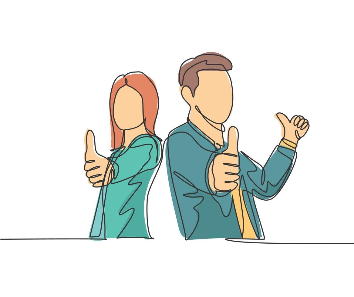 One line drawing of young happy couple businessman and businesswoman giving thumbs up gesture. Great business teamwork concept. Continuous line graphic draw design vector illustration