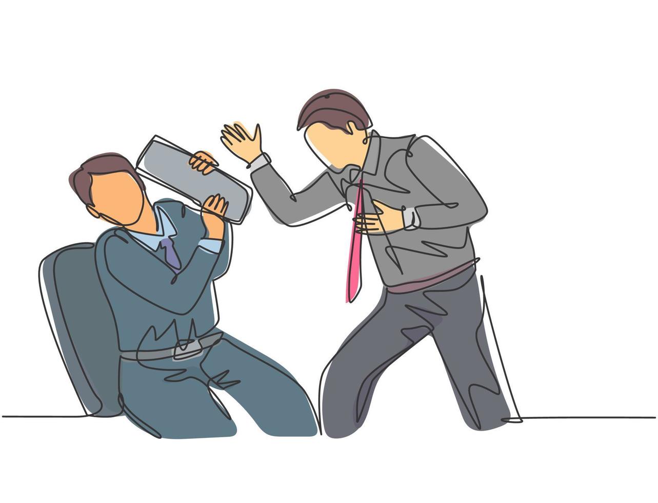 One continuous line drawing of young rage manager screaming on the face of his staff after the staff made fatal mistakes. Work problem concept single line graphic draw design vector illustration