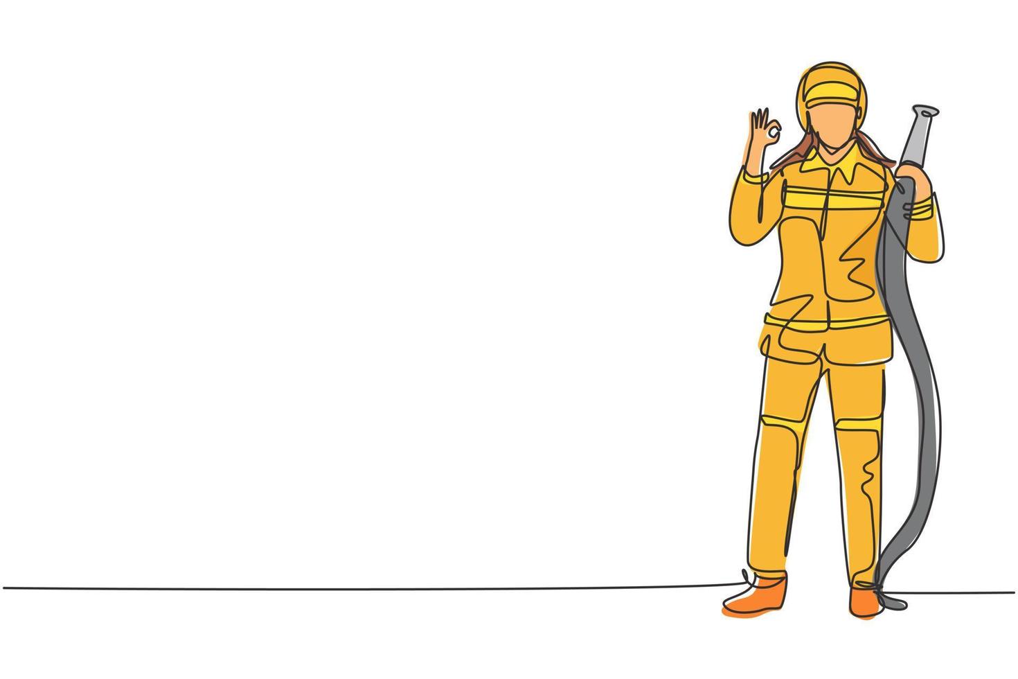 Single one line drawing firefighters stood wearing helmets and uniforms complete with gesture okay work to extinguish fire at building. Modern continuous line draw design graphic vector illustration