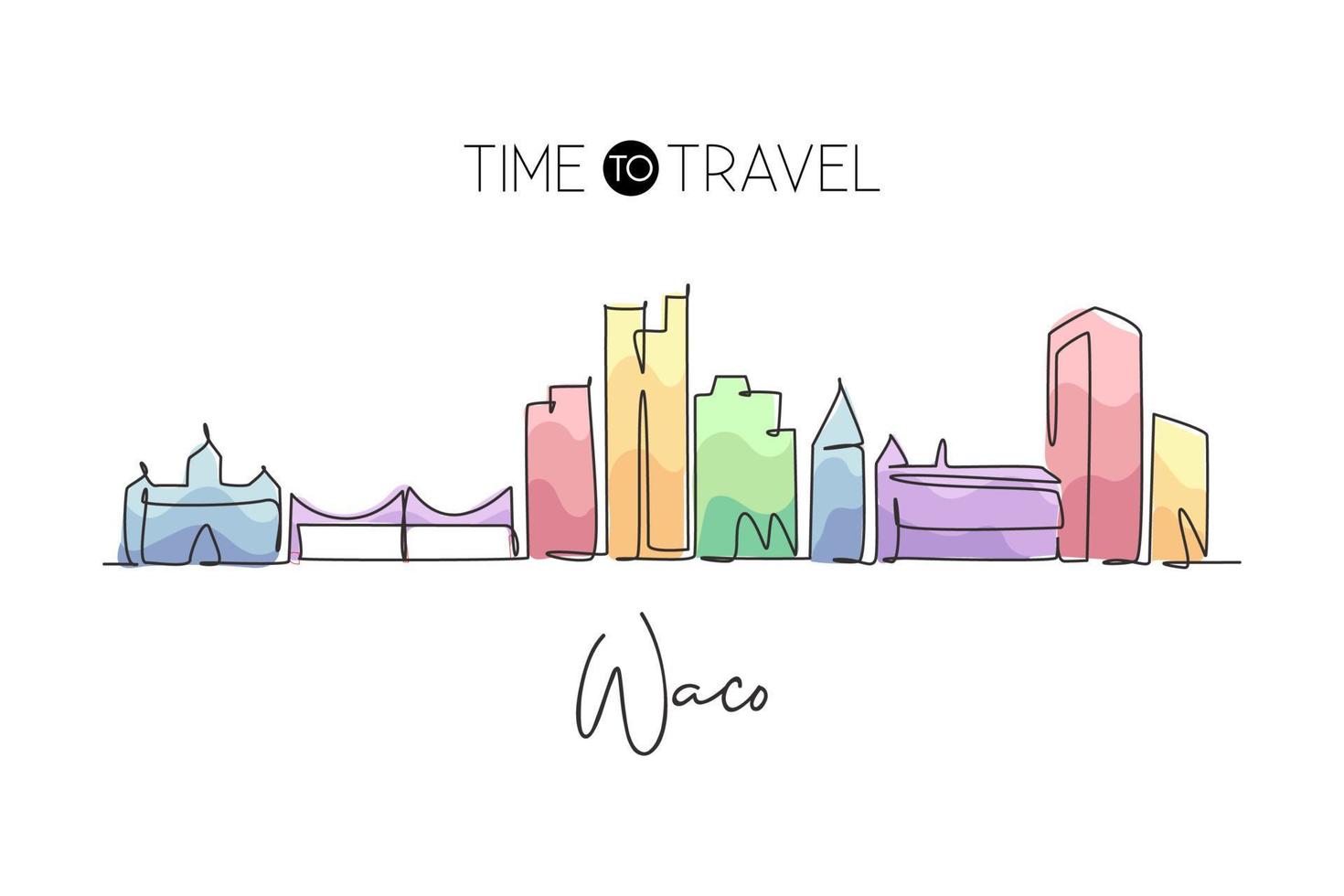 Single continuous line drawing of Waco skyline, Texas. Famous city scraper landscape. World travel home wall decor art poster print concept. Modern one line draw design vector graphic illustration