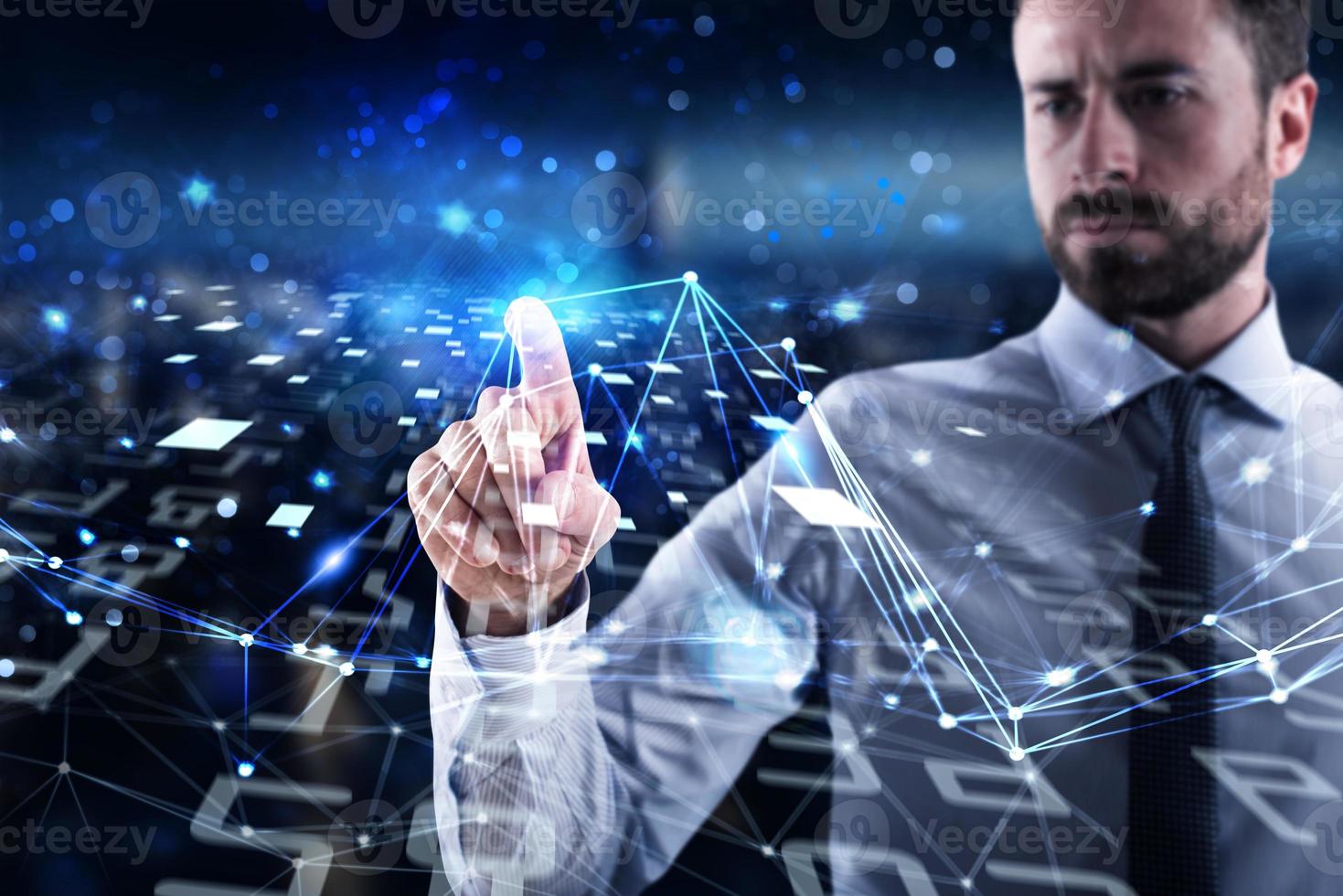 Man connecting to global world. Concept of interconnection, internet and network photo