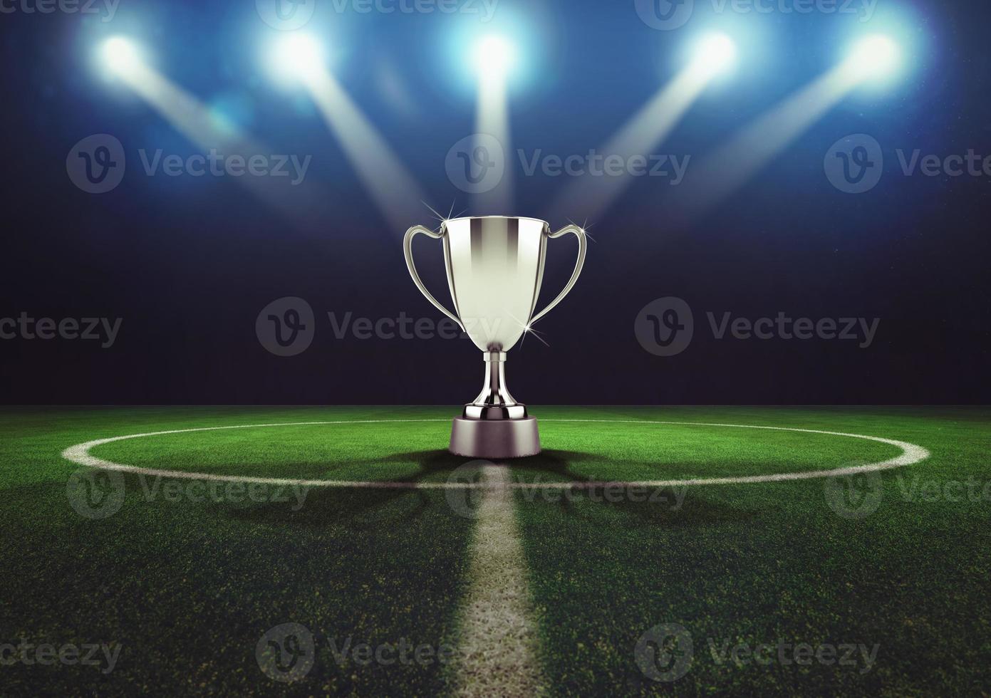 Silver winner's cup in the middle of a soccer field photo
