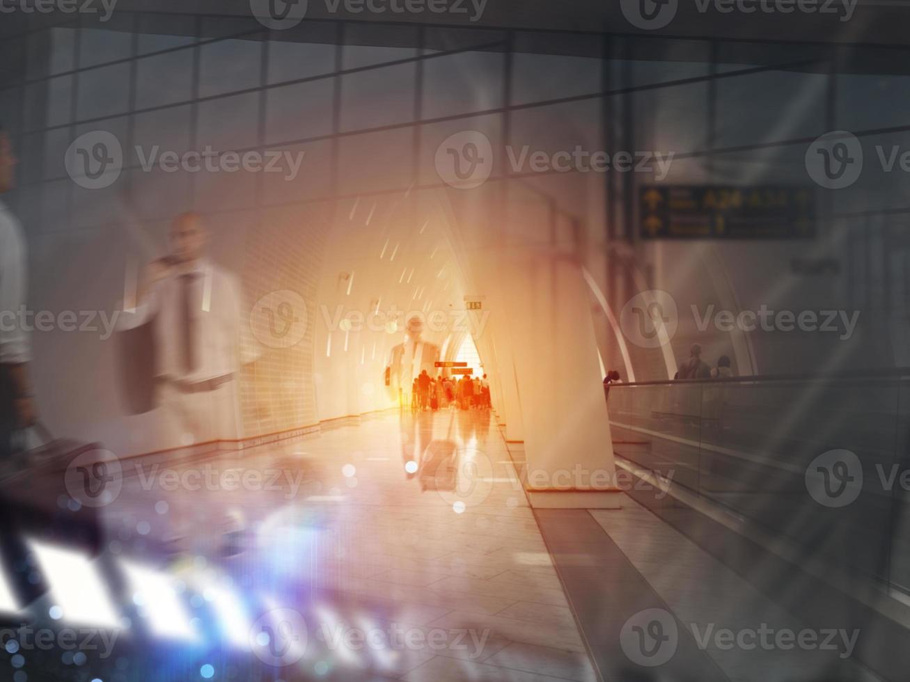 Double exposure with silhouettes of businessmen passengers in the airport. Concept of business travel photo