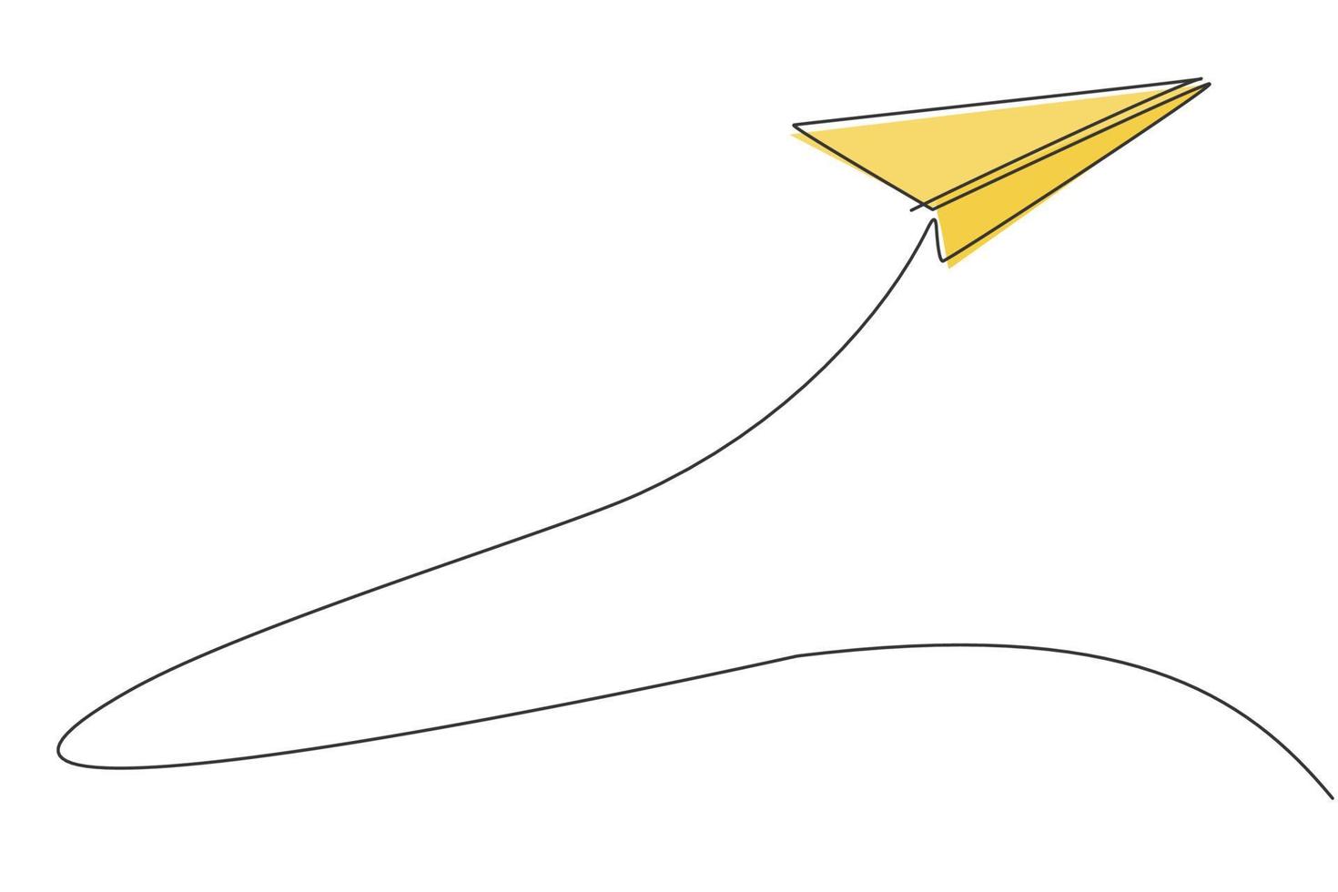 Single one line drawing of paper airplane flying high up to the sky on white background. Paper air craft origami kids game concept. Modern continuous line draw design graphic vector illustration