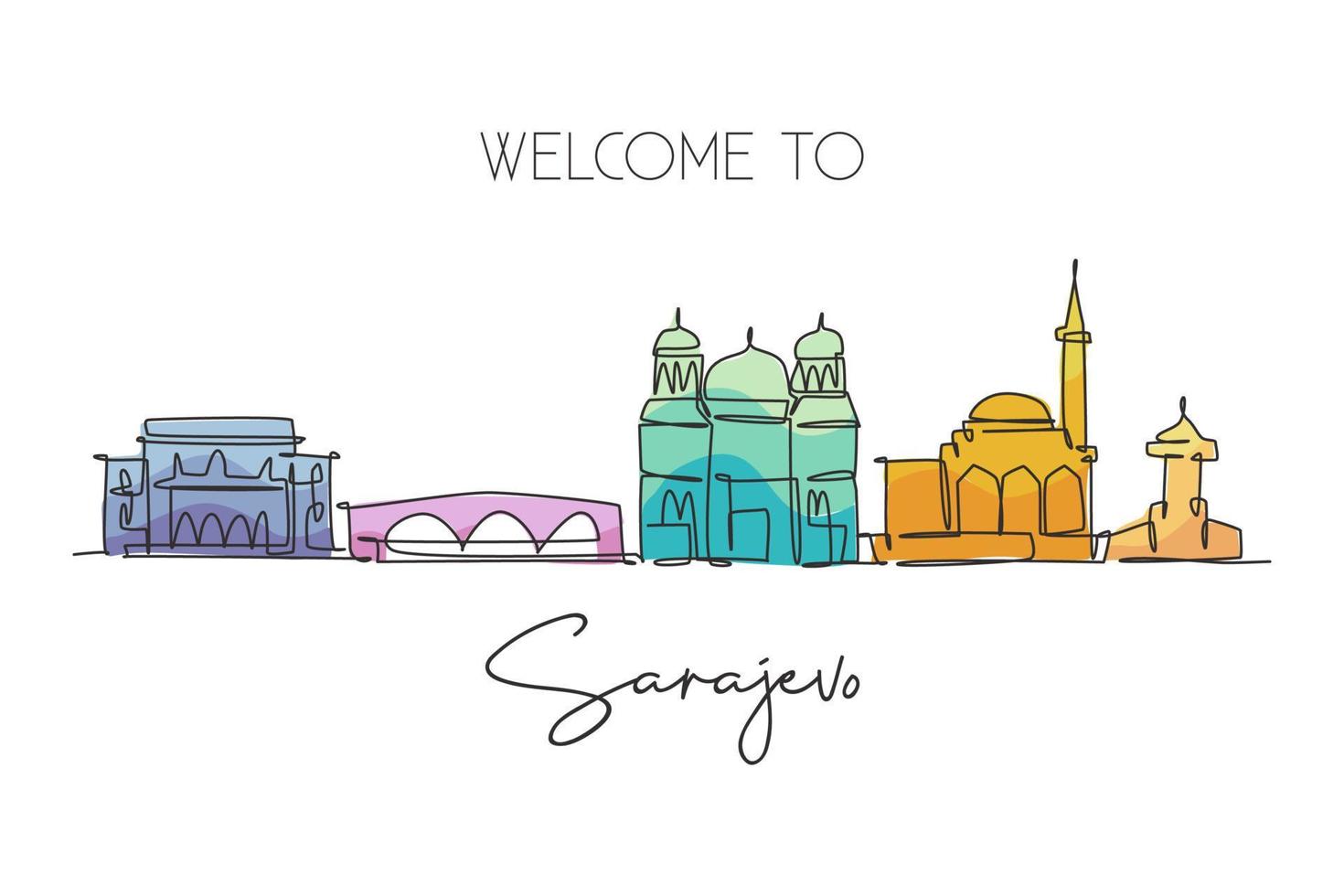 dibujo de una sola línea continua del horizonte de la ciudad de sarajevo, bosnia y herzegovina. famoso paisaje. Impresión de póster de decoración de pared para el hogar con concepto de viaje mundial. Ilustración de vector de diseño de dibujo de una línea moderna