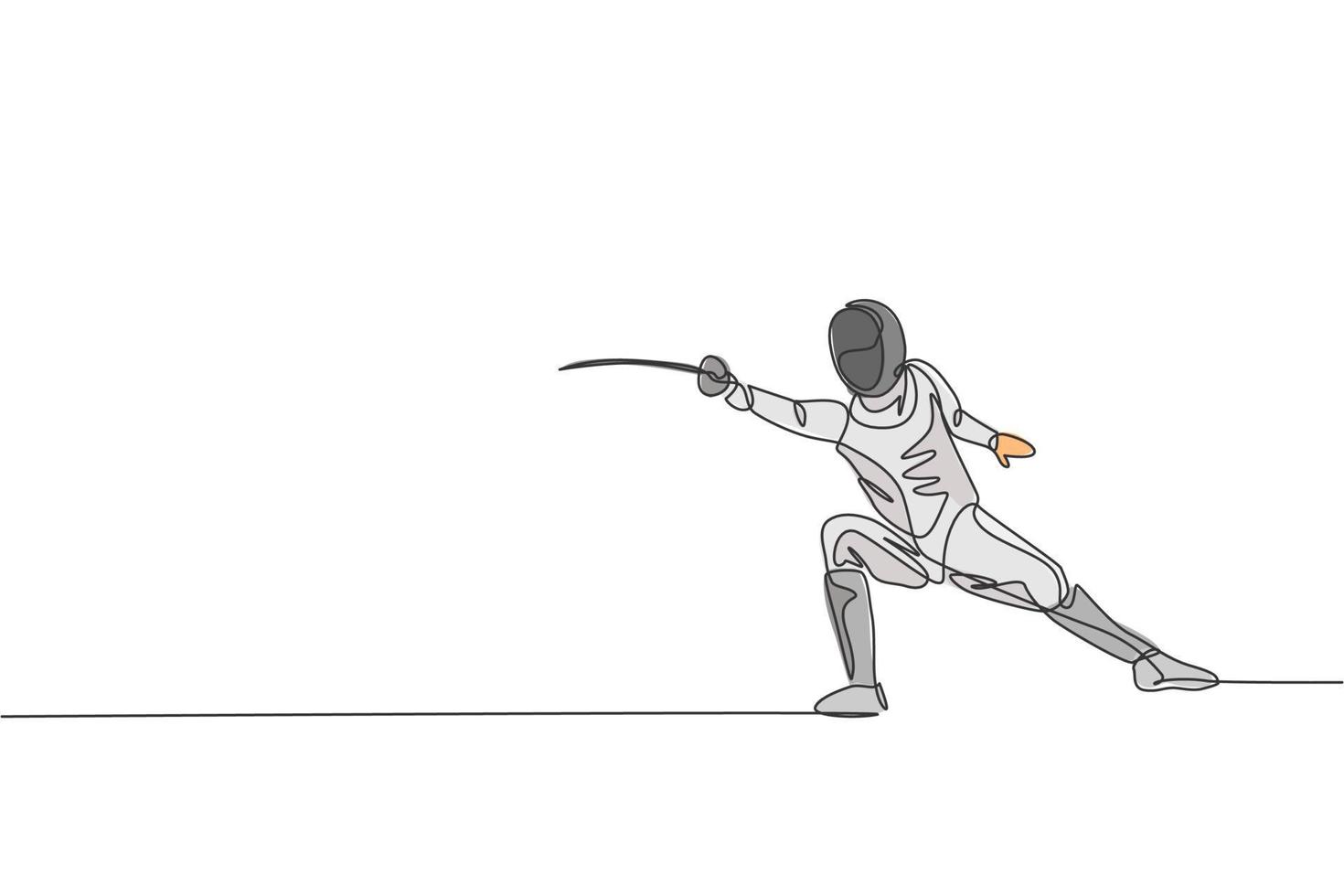 One continuous line drawing of young man fencing athlete practice fighting on professional sport arena. Fencing costume and holding sword concept. Dynamic single line draw design vector illustration